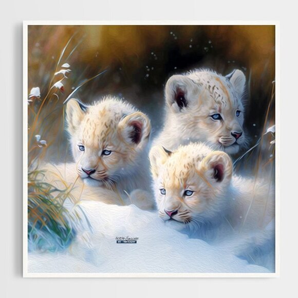 8x8 or 8x10 Lion Cubs Snowy Landscape Wall Art Watercolor Oil Painting Print - Picture 2 of 6